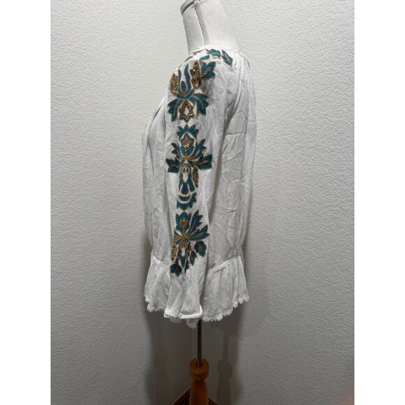 Soft Surroundings Shirt Sz S White Green Embroidered Sequins Tassel Boho Top - Picture 5 of 12
